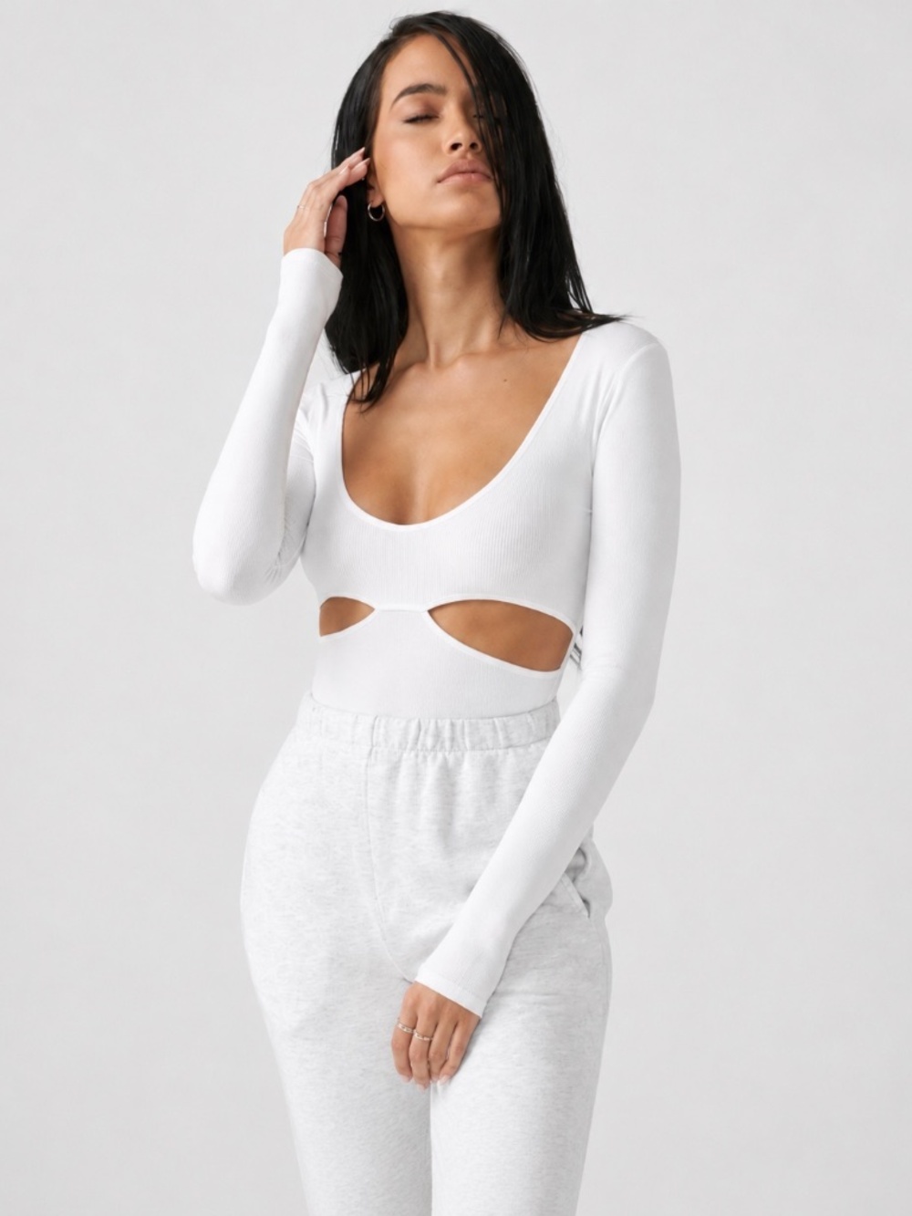Joah Brown Fitted Cutout Long Sleeve Top White Ribbed Minimalist Women Size S/M
